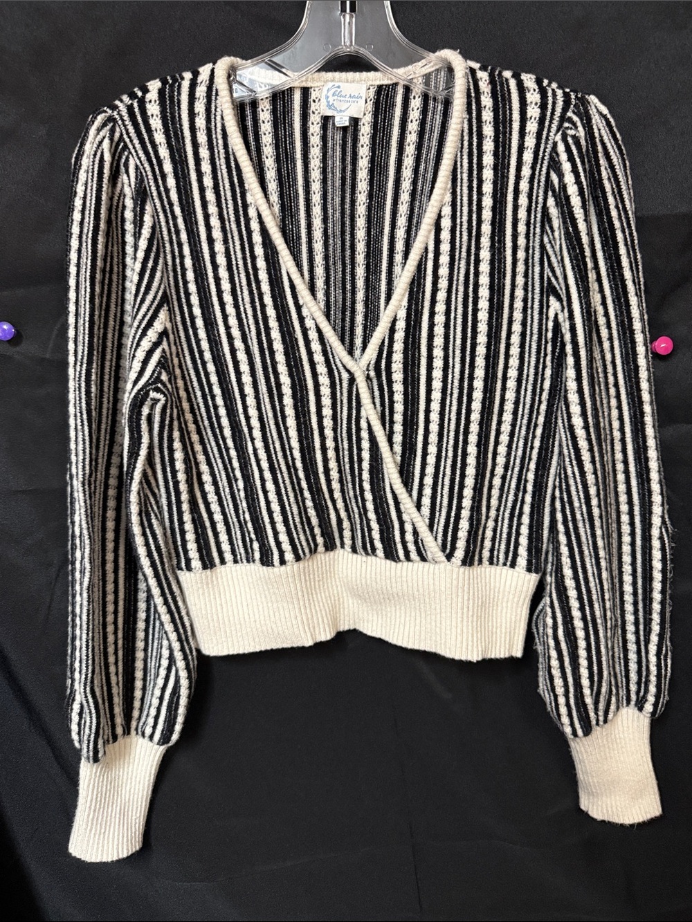 Blue Rain Black & Cream Striped V-Neck Wrap Sweater